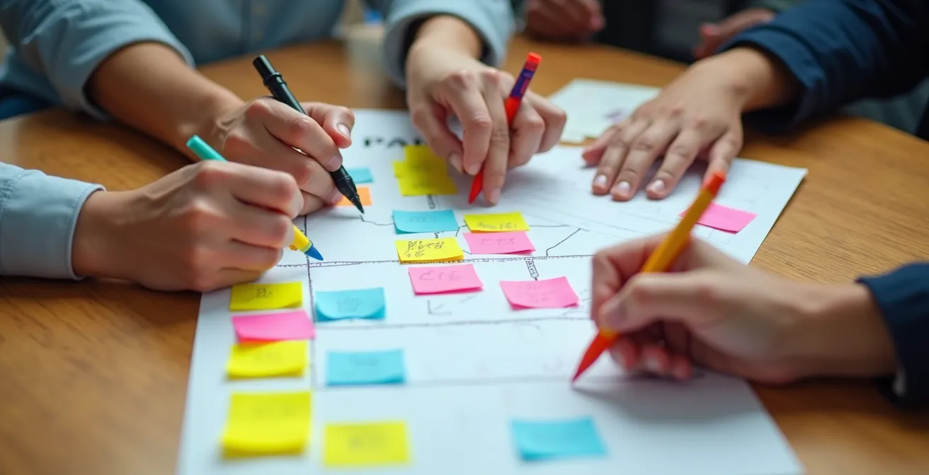 A franchise team collaborates over an improvement plan in a positive and constructive atmosphere.