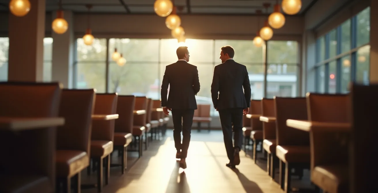 Business professionals examining franchise location for potential acquisition