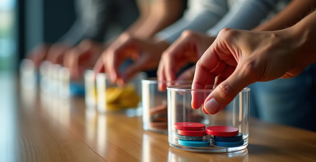 Close-up of hands placing voting tokens into clear collection boxes during franchise council meeting