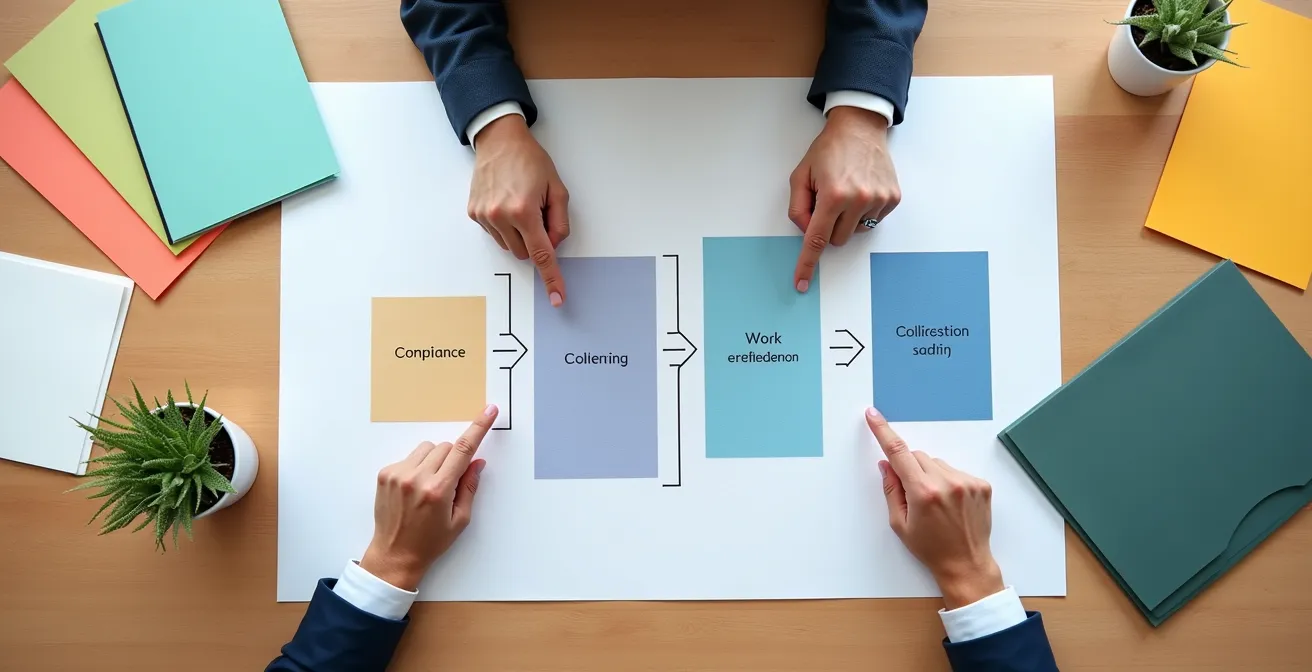 Professional team reviewing compliance documents with organized workflow charts