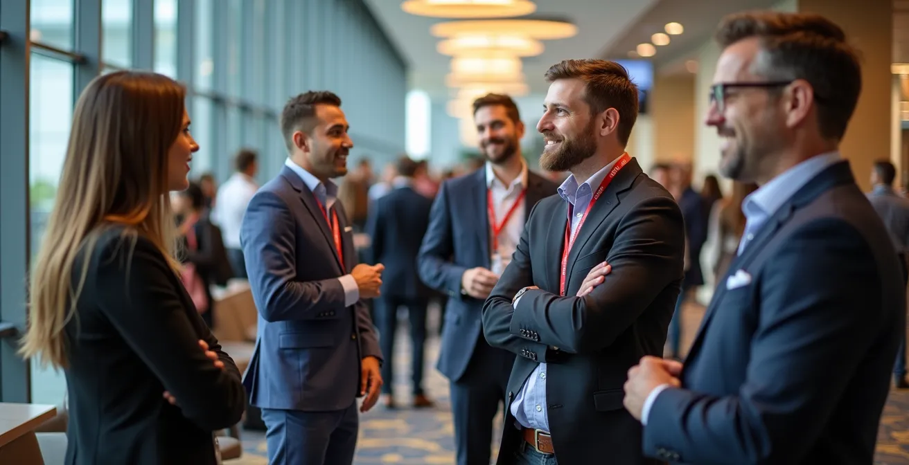 Wide angle view of franchise convention hall with attendees engaged in hallway conversations