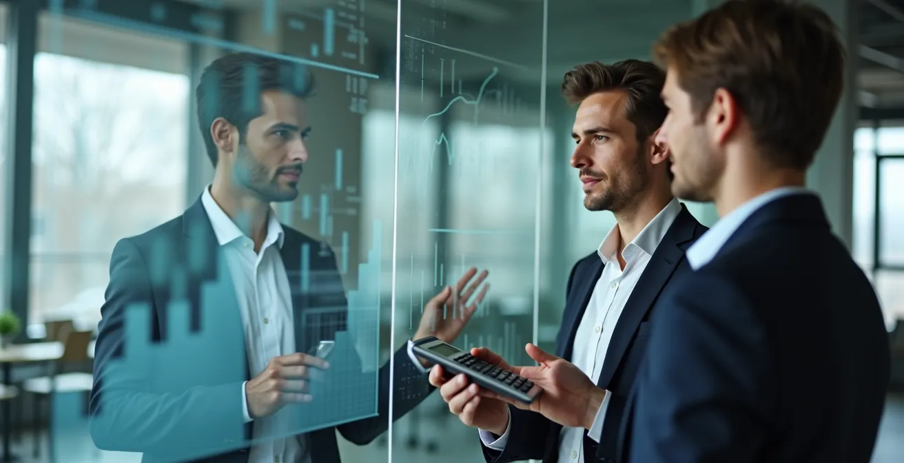 Business professionals examining equipment financing models in modern office setting