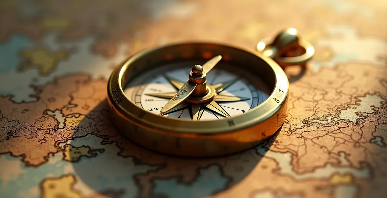 Macro detail of intricate mathematical compass overlaying topographical map patterns