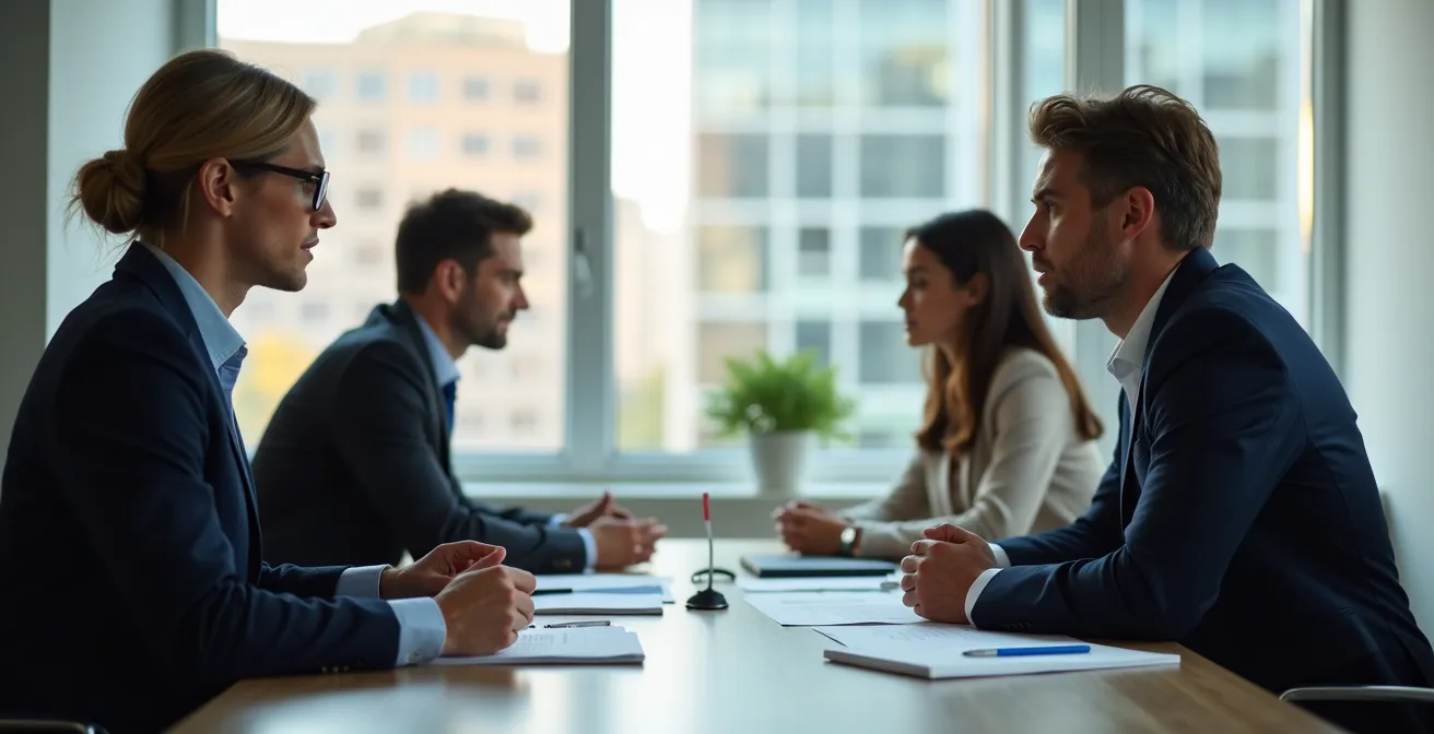 Business professionals in negotiation meeting discussing franchise expansion terms