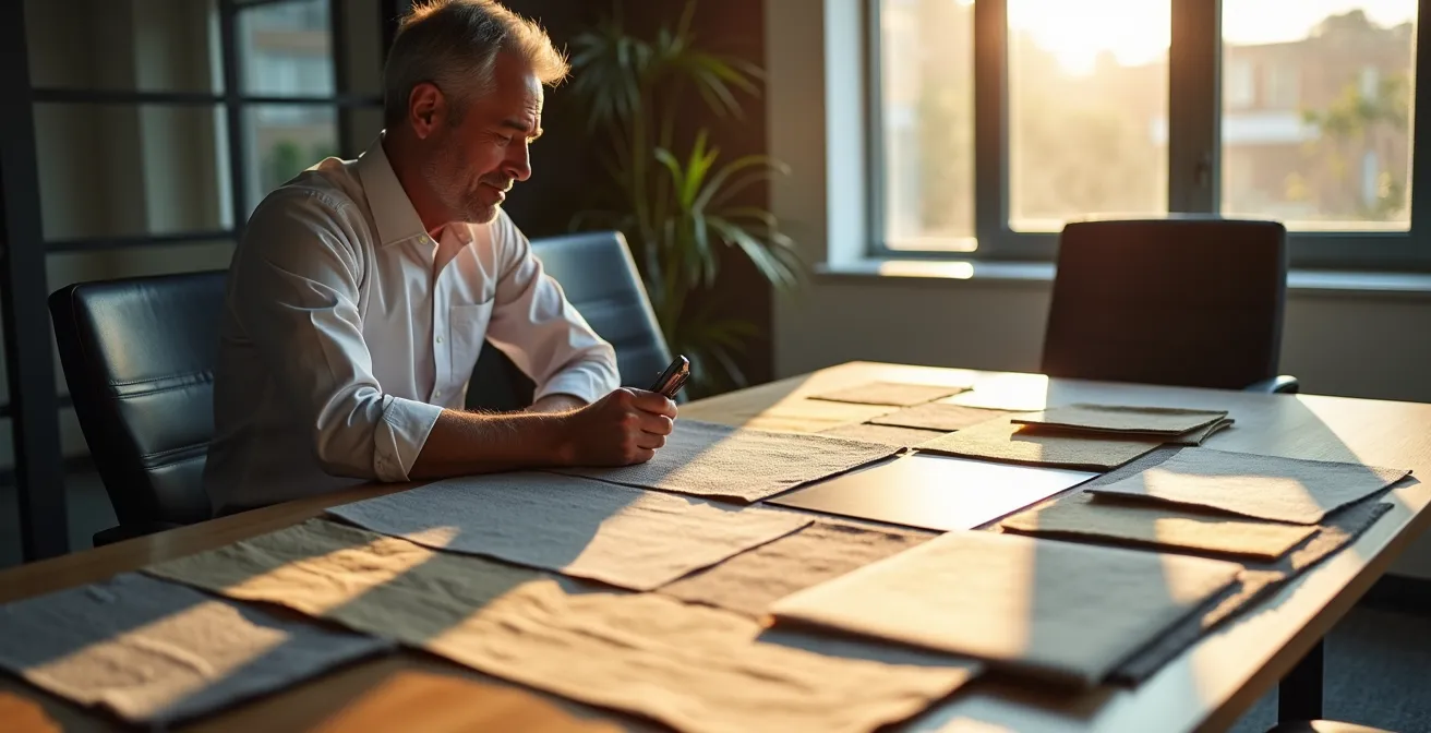 Franchisee reviewing brand rebrand materials and signage samples in modern office setting