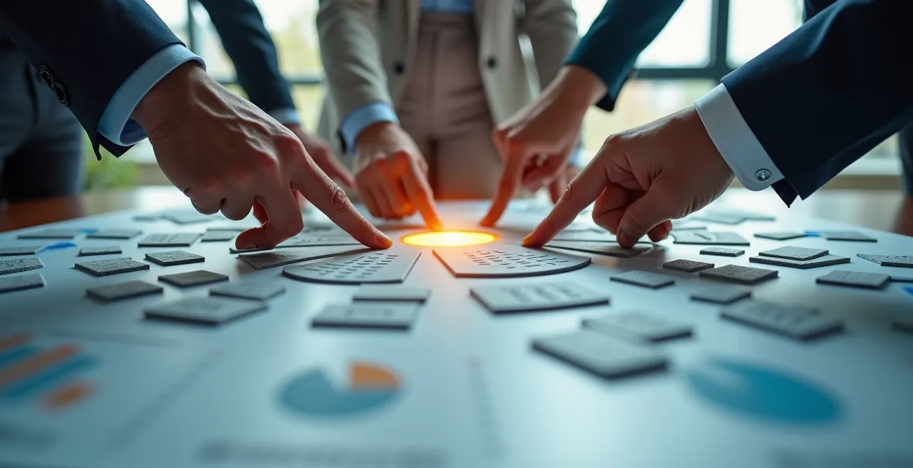 Franchisees collaborating in peer learning session with performance data visualization