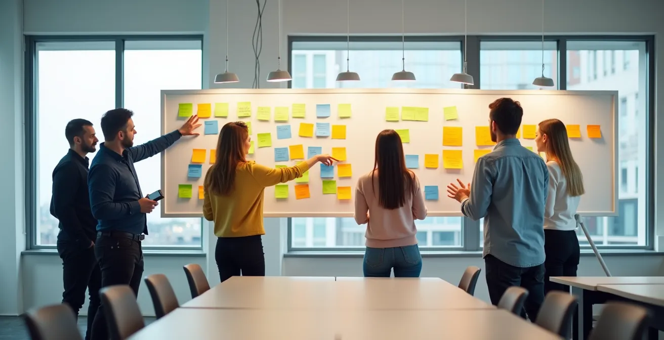 Diverse group of franchisees collaborating in a workshop setting using visual planning tools