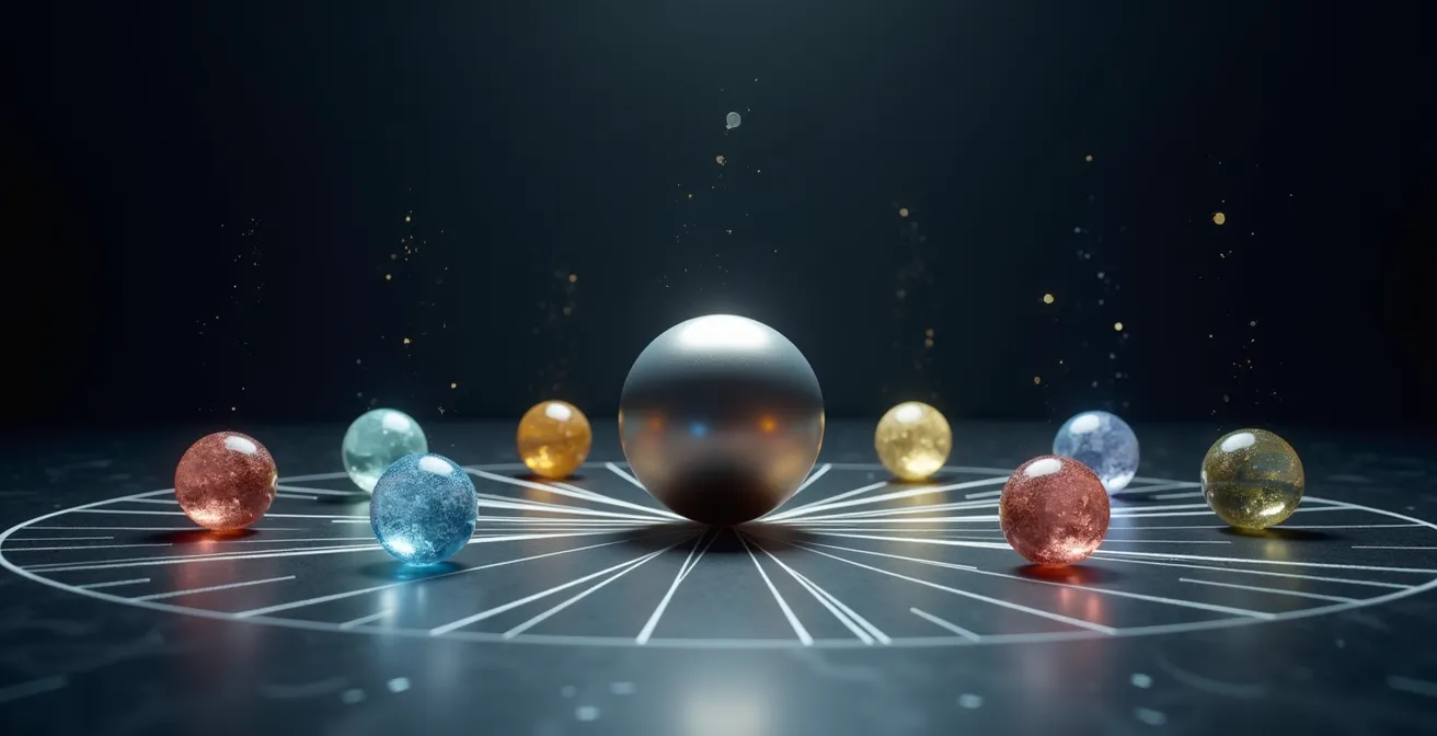 Abstract visualization of a central hub connected to multiple specialized nodes