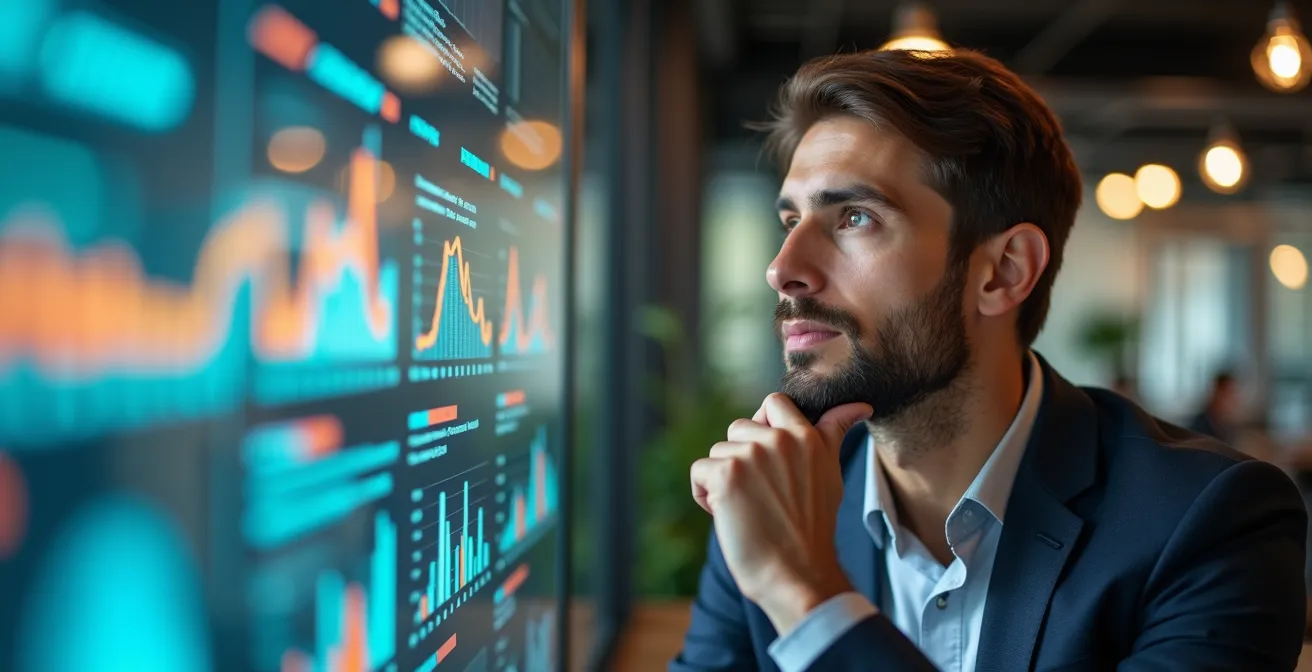 Business professional analyzing holistic customer data in modern workspace