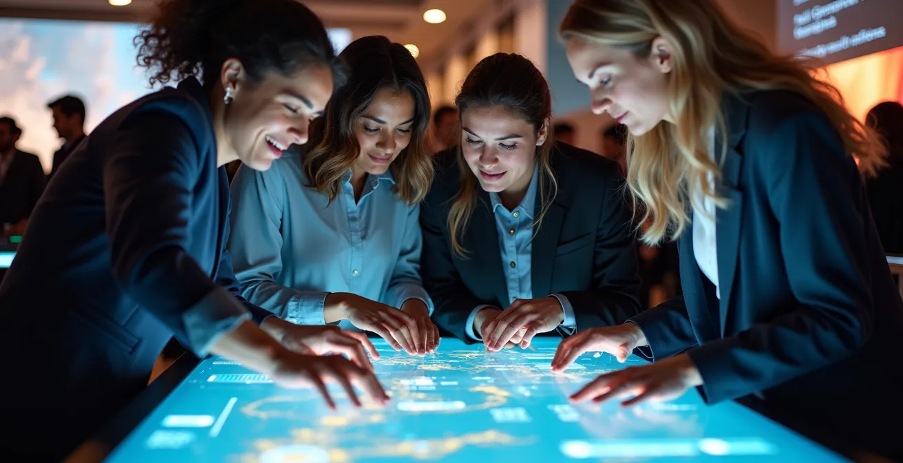 Trade show booth with interactive technology displays and engaged attendees