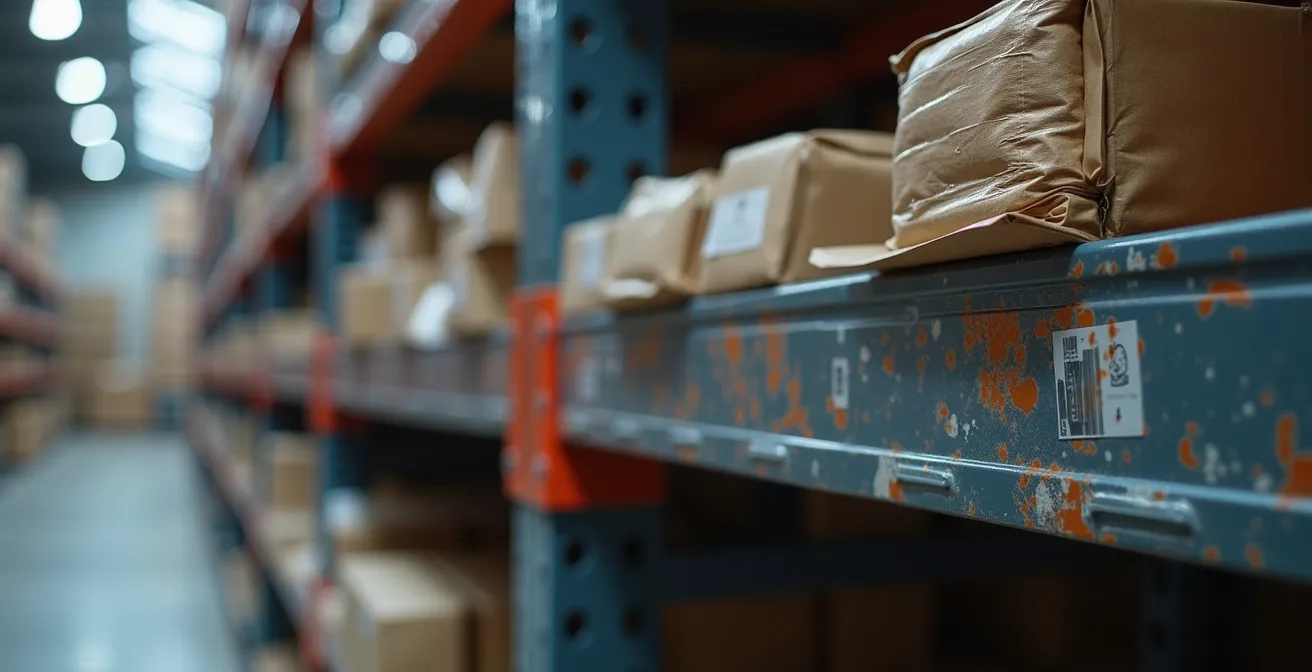 Macro view of warehouse shelving with strategic inventory arrangement