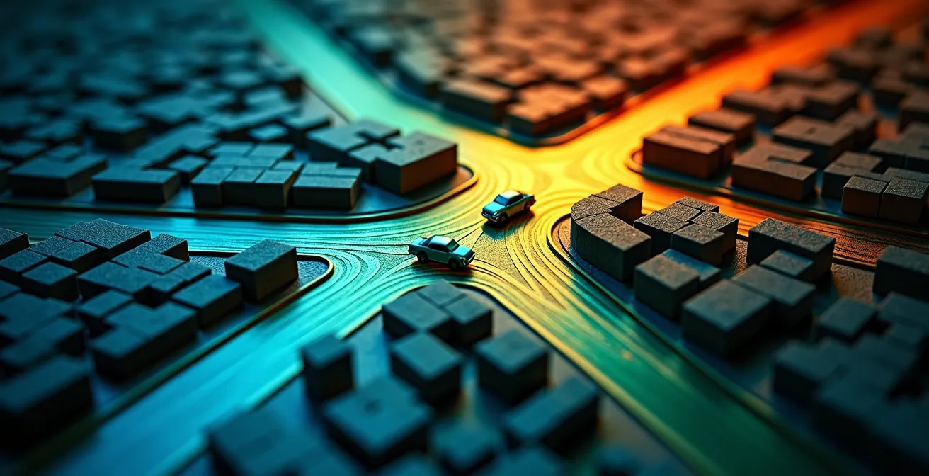 Aerial view of urban area with colored isochrone zones showing drive-time catchment areas
