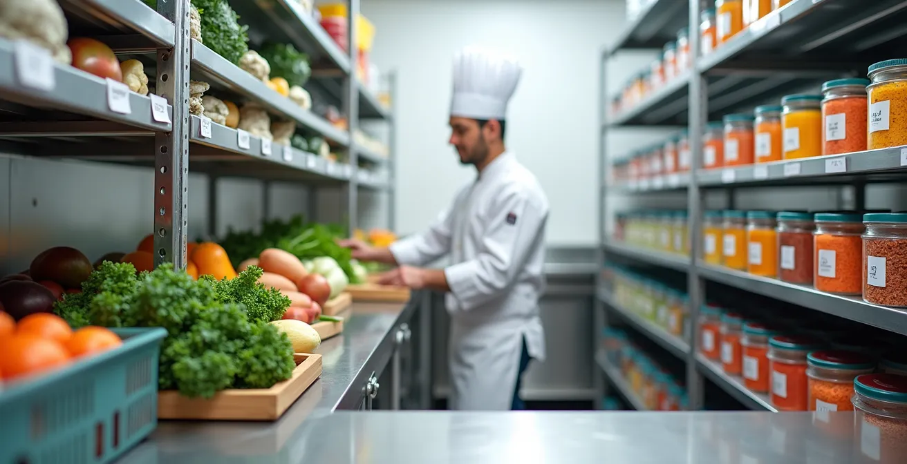 Professional kitchen with organized ingredient storage and inventory management system