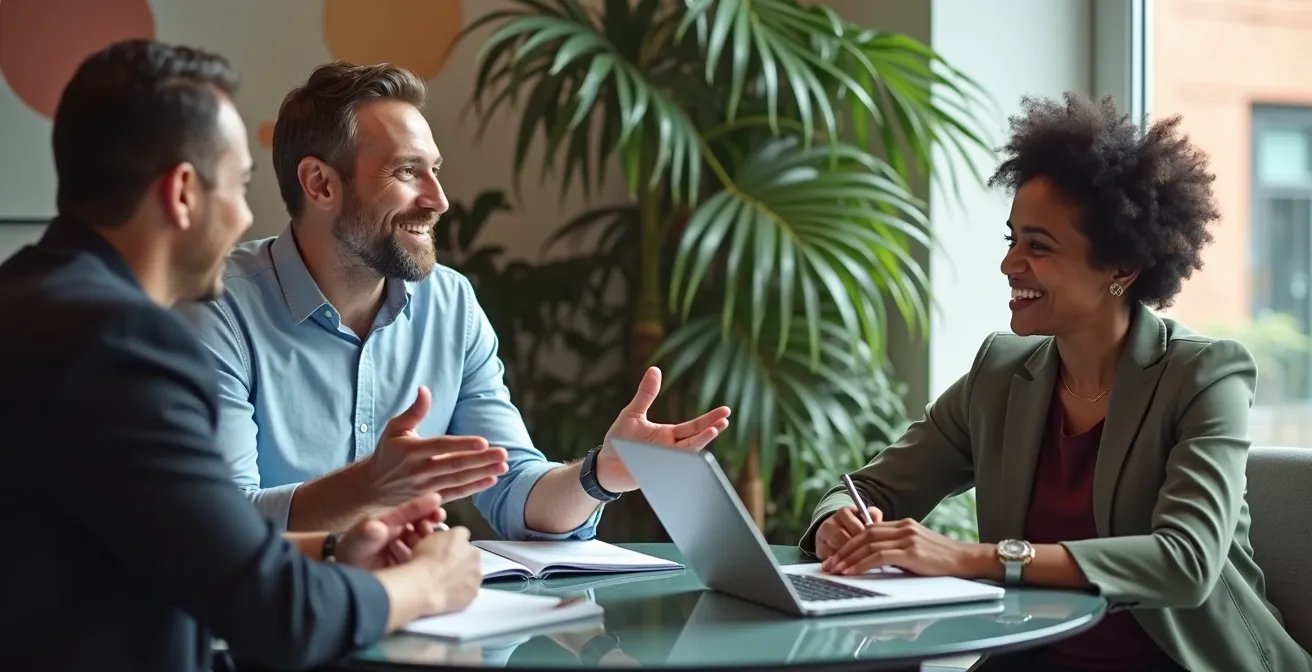 Three business professionals in collaborative discussion around circular table