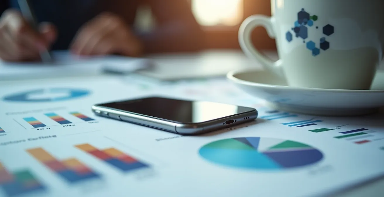 Modern marketing workspace showing digital analytics and local campaign optimization tools