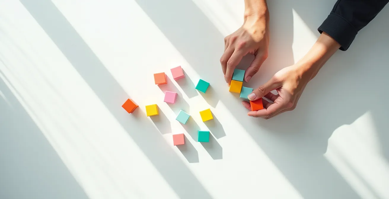 Hands arranging modular dashboard blocks, representing widget customization on a clean workspace.