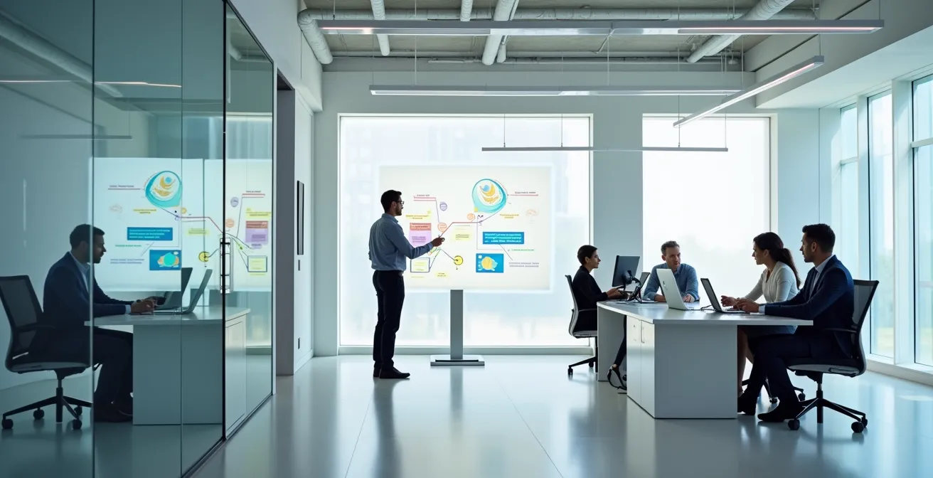 Professional workspace showing multiple communication channels for franchise messaging