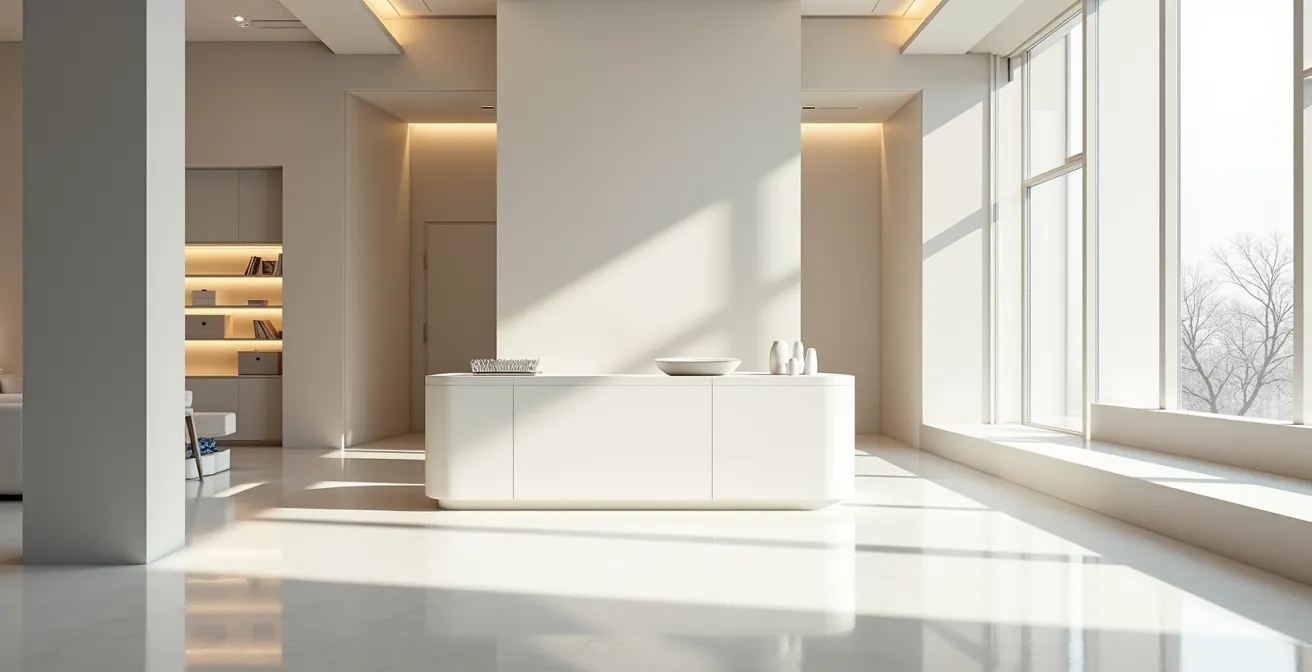 Wide angle view of modern commercial space showing systematic organization and cleanliness