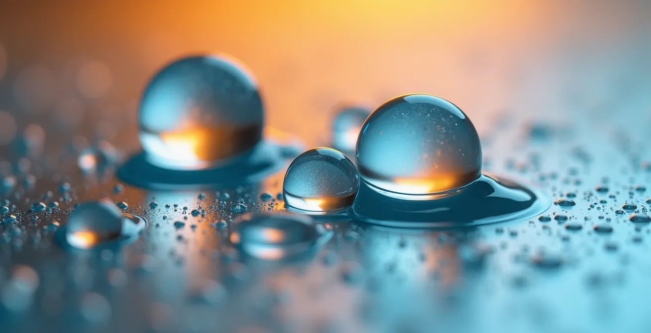 Macro shot of water droplets merging on glass surface representing overlapping catchment areas