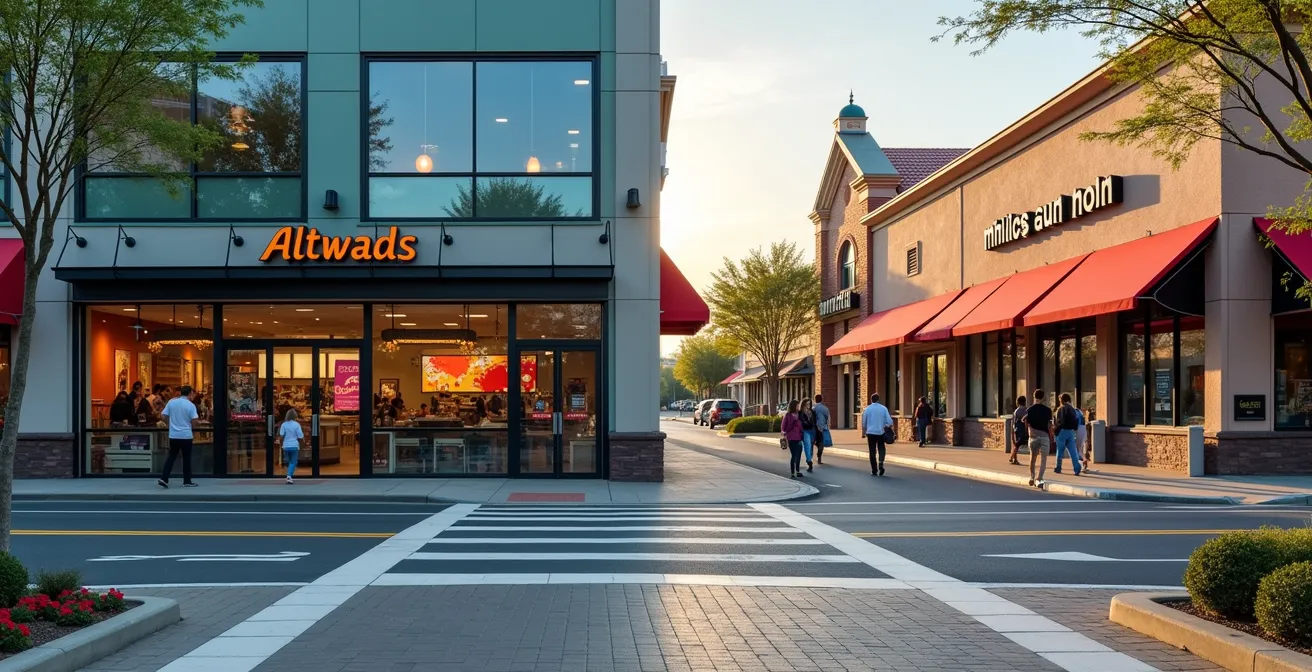 Split view comparing urban high-rise pilot location with suburban strip mall franchise unit