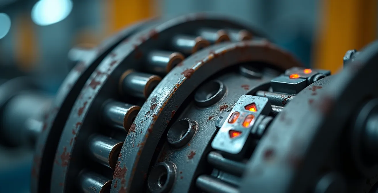 Industrial equipment with IoT sensors monitoring vibration and temperature for predictive maintenance