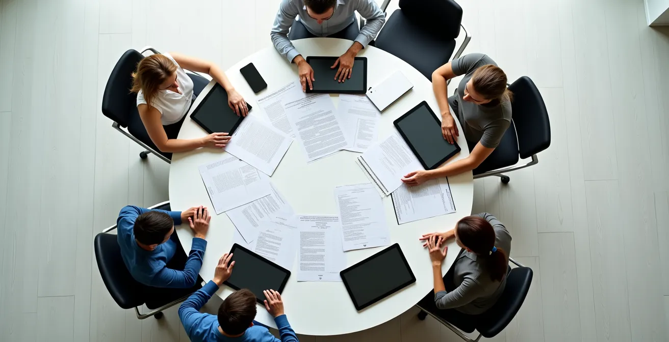 Team conducting quarterly business review with charts and performance metrics