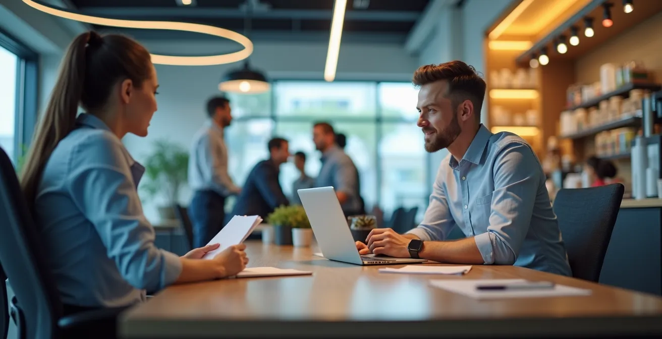 Split-screen view showing a franchisor consultant and a franchisee collaborating positively during a remote video audit.