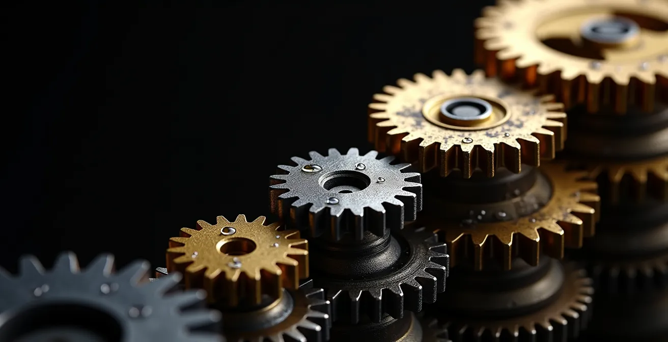 Abstract representation of scalable business growth with gears showing a flywheel effect.