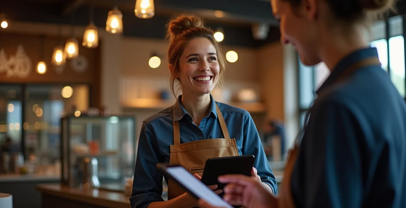 A professional staff member warmly engaging with a delighted hotel guest at the moment of peak satisfaction.