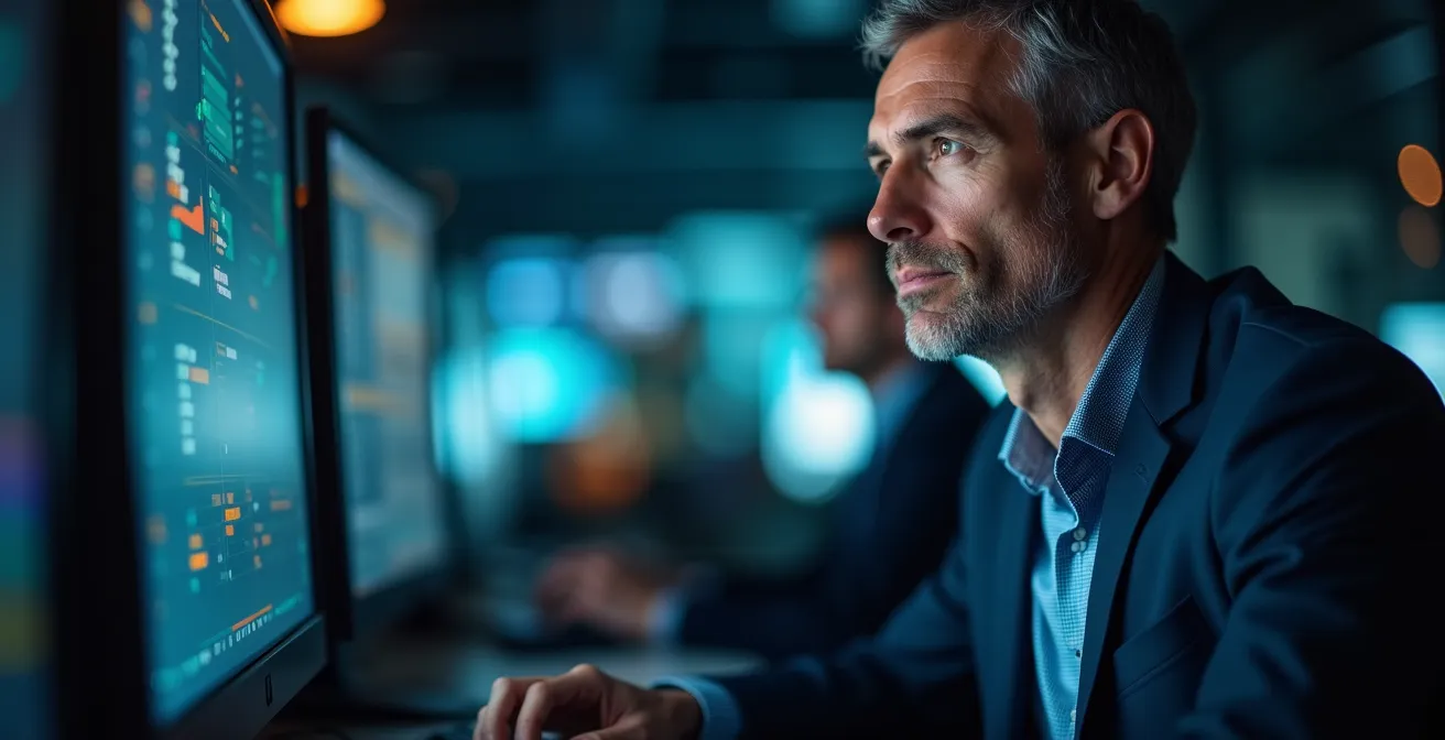 Real-time logistics tracking center with multiple screens showing delivery routes and warehouse operations