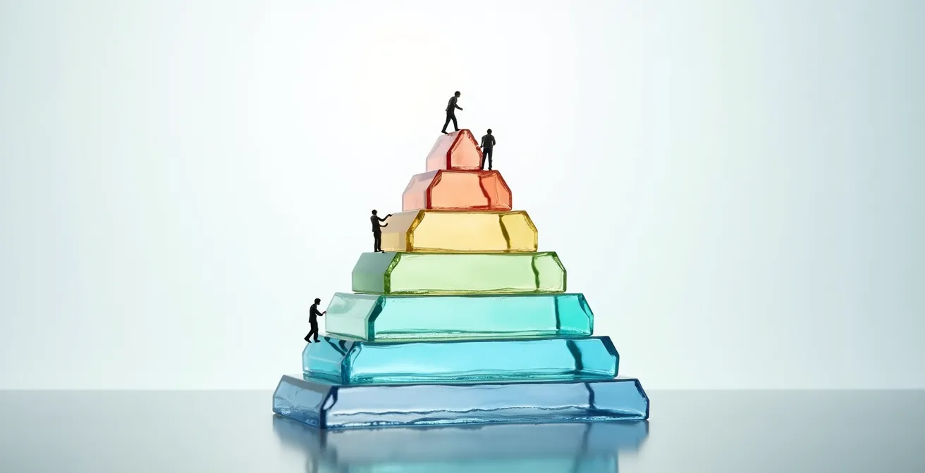 Abstract visualization of tiered transparency model with ascending levels of data sharing in a franchise system.