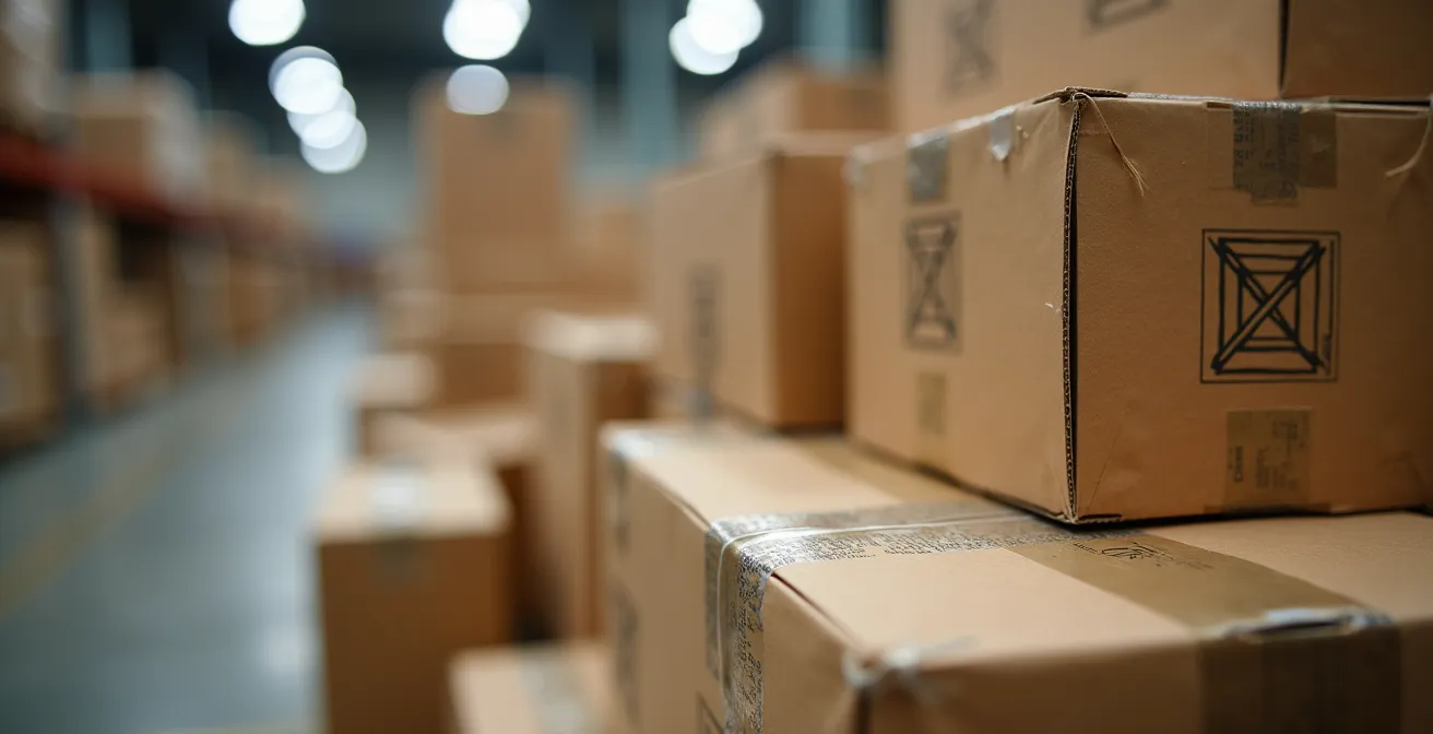 Macro view of warehouse inventory with focus on storage efficiency and organization