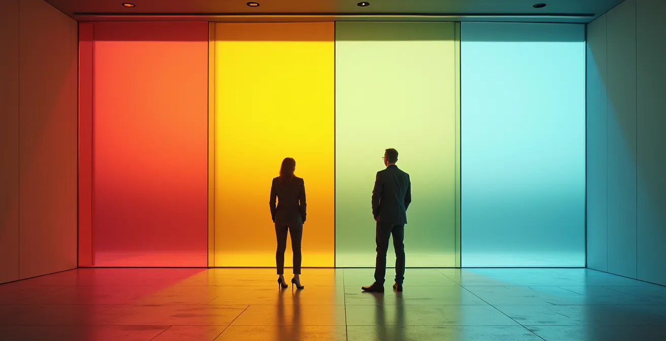 Business analysts reviewing performance quadrant charts on conference room wall